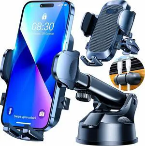 [True Military-Grade] 2025 Upgraded Car Phone Holder Safety Certs & No Smell Cell Phone Holder for Car Mount for Dashboard Windshield Air Vent Long Arm Thick Case,Black