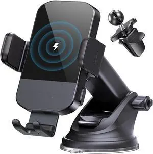 Wireless Car Charger, 15W Fast Charging Auto Clamping Car Charger Phone Mount Phone Holder fit for iPhone 16 15 14 13 12 Pro Max 11 XR XS, Samsung Galaxy S24 Ultra S23 S22 S21, S20, S10+, Black