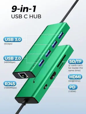 USB C Hub Ethernet,9 in 1 USB Type C Hub HDMI Multi-Port Converter Adapter,100W Pd, USB 3.0,SD/TF Card Reader,Compatible for MacBook Pro Air Ipad HP Dell Lenovo Chromebook etc.-Green