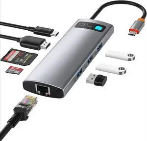 8-in-1 USB C Hub Docking Station, USB C Adapter with 4K HDMI, 3 USB 3.0, TF/SD Reader, Ethernet, 100W Power Delivery Compatible with MacBook, Surface, iPad, Steam Deck or Other Type C Devices