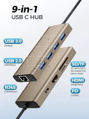 USB C Hub Ethernet,9 in 1 USB Type C Hub HDMI Multi-Port Converter Adapter,100W Pd, USB 3.0,SD/TF Card Reader,Compatible for MacBook Pro Air Ipad HP Dell Lenovo Chromebook etc.-Brown