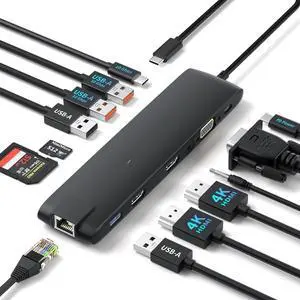 Docking Station USB C/A 10Gbps 3*Display 13 in 1, 2025 Upgrade USB C Hub 2 x 4K HDMI, Gigabit Ethernet, 4 USB 3.0/2.0, VGA, Type-C 3.1, PD 100W, Audio, SD/TF for Windows, MacBook