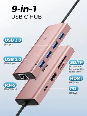 USB C Hub Ethernet,9 in 1 USB Type C Hub HDMI Multi-Port Converter Adapter,100W Pd, USB 3.0,SD/TF Card Reader,Compatible for MacBook Pro Air Ipad HP Dell Lenovo Chromebook etc.-Pink