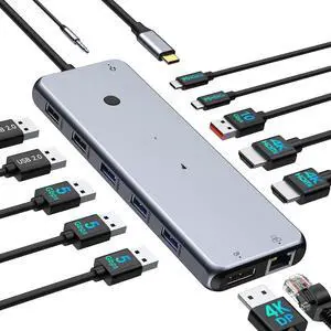 USB C Docking Station Laptop Hub Dual Monitor Multiport Adapter Dock Dongle,USB C to 2 HDMI,DisplayPort,PD Charging,Ethernet,7 USB A/C 3.1/3.0/2.0 Ports,Audio
