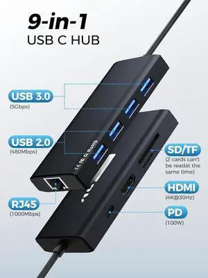 USB C Hub Ethernet,9 in 1 USB Type C Hub HDMI Multi-Port Converter Adapter,100W Pd, USB 3.0,SD/TF Card Reader,Compatible for MacBook Pro Air Ipad HP Dell Lenovo Chromebook etc.-Black