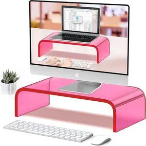 Acrylic Monitor Stand Riser Acrylic Laptop Stand for Desk Clear Computer Monitor Stand for Desk Accessories iMac Organizer Office Must-Haves Product for Working from Home Bright Pink