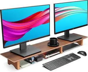 Large Dual Monitor Stand Riser, Solid Wood Desk Shelf with Eco Cork Legs for Laptop Computer/TV/PC/Printers, Perfect Desktop Stands Organizer with Underneath Storage for Office Accessories
