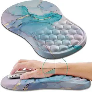 Ergonomic Mouse Pad Wrist Support, Wrist Rest Mousepad for Carpal Tunnel Pain Relief with Integrated Memory Foam Slope Massage Bulge (11.8x7.9 inch,Blue Marble