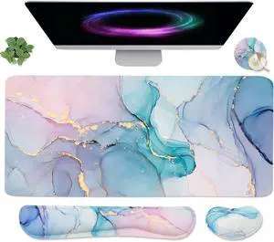 4-in-1 Large Gaming Mouse Pad, Keyboard Wrist Rest Pad & Wrist Support Mousepad Set, Extended Desk Pad Waterproof Desk Mat for Home Office Study Game - Blue