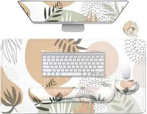 4-in-1 Large Mouse Pad, Keyboard Wrist Rest Pad & Wrist Support Mousepad Set, Extended Desk Pad Waterproof Desk Mat for Home Office Study Game - Leave