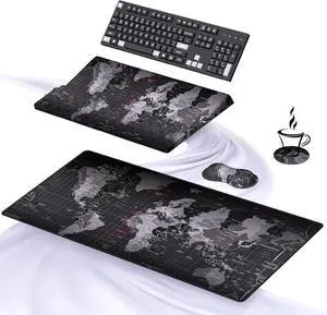Ergonomic Mouse Pad and Keyboard Stand Wrist Rest Pad Set with Large Mousepad, Memory Foam Comfort, Premium Office Desk Accessories for Pain Relief and Efficiency, Black Map