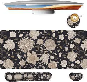 Floral Large Mouse Pad with Wrist Support Set of 4,Large Gaming Mouse Pad+Keyboard Rest+Mouse Wrist Rest+Coaster,Ergonomic Mouse mat,Anti-Slip,Memory Foam Desk Mat for Home Office Gaming (Rose)
