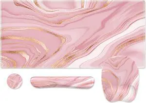 Pink Desk Mat Set, Ergonomic Keyboard and Mouse Pad Wrist Rest, Non Slip Rose Gold Wrist Support for Home Office