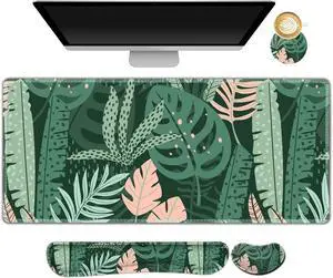 Large Gaming Mouse Pad Set, Keyboard Wrist Rest Support Mouse Pad, Ergonomic Memory Foam Multifunctional Extended Desk Mat 35x15.7in Anti-Slip Rubber Base for Office Home, Pink Green Leaves