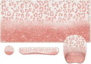 Rose Gold Desk Mat, Keyboard Wrist Rest, Pink Large Mouse Pad Wrist Support, 4PCS Ergonomic Computer Desk Pad with Coaster Set, Gaming Keyboard Mat for Women Office Desktop Laptop, Leopard