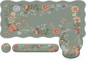 Mouse Pad Set and Keyboard Wrist Rest, Non-Slip Desk Pad Mat for Keyboard and Mouse, Floral Scalloped Desk Mat Cute, Computer Wrist Rest for Women Office Desk (Green)