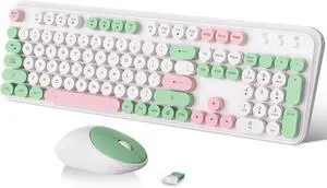 2.4GHz Wireless Keyboard and Mouse Set with Switch Button - Full-Size Keyboard - Compatible for Windows/Laptop/PC/Notebook/Smart TV and More - White Green