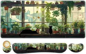 Extended Gaming Mouse Pad, Memory Foam Ergonomic Keyboard Mouse Wrist Rest Support Set, Large Desk Mat with Stitched Edges, Non-Slip Base Mousepad Home Office, Cute Green Japanese Kawaii Cat