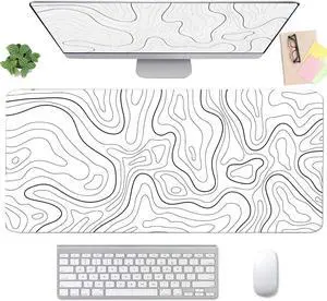 Large Mouse Pad, White Extended Mouse Pad Desk Pad Ergonomic Easy Typing for Office Game Home Non Slip - White Topographic Contour