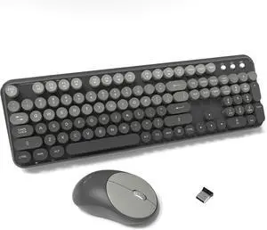 Wireless Keyboard and Mouse Combo - Cute Colorful Mouse and Keyboard 2.4G Full-Sized with 104 Round Keys Retro Typewriter Keyboards for Laptop/Windows/PC - Grey Gradient