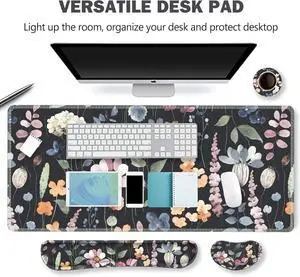 Gaming Mouse Pad Wrist Support Set, XXL Large Desk Mat Mousepad + Keyboard Wrist Support+ Mouse Wrist Rest+Coaster 4in1 Ergonomic, Memory Foam, Stitched Edge for Home Office -Flowers Plants