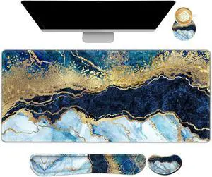 Large Gaming Mouse Pad, Keyboard Wrist Rest Pad & Wrist Support Mousepad Set, Stitched Edge, Extended, Non-Slip Base, Memory Foam,Multifunctional Desk Mat 4pcs for Office & Home, Blue Marble