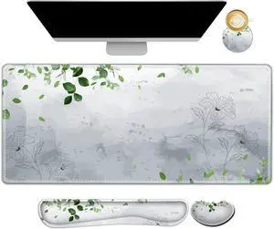 Gaming Mouse Pad Wrist Support Set, XXL Large Desk Mat Mousepad + Keyboard Wrist Support+ Mouse Wrist Rest+Coaster 4in1 Ergonomic, Memory Foam -Green Leaves and Line Flower