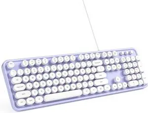Computer Keyboard Wired, Plug and Play USB Retro Round Typewriter Keyboard, Full Size Wired Keyboard with Foldable Stands for Laptop and Office PC- Purple White Colorful