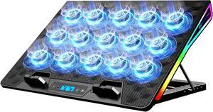 Gaming Laptop Fan Cooling Pad with 15 Quiet Fans, RGB Laptop Cooler for 10-17.3 Inch, 4 Height Stands, 2 USB Ports - Blue