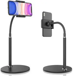 Cell Phone Stand Adjustable Height & Angle Phone Holder Gooseneck Flexible Arm Universal Phone Stand for Desk Aluminum Alloy Desktop Cell Phone Holder Compatible with 3.5-6.5 Device (Black)