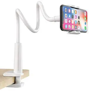 Cell Phone Holder Universal 360 Flexible Phone Stand Lazy Bracket Mount Long Arms Clamp for Phone 11 Pro Xs Max XR X 8 7 6 6s Plus and Other 35~65 Device White