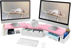 Dual Monitor Stand Riser With Drawer & Metal Leg, Large Desk Shelf For 2 Monitors w/ Adjustable Length & Angle, Desktop Organizer