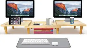 Dual Monitor Stand Riser - with Storage for Phone/Mug - Home/Office Desk Organizer with Adjustable Length & Angle -for PC, Laptop, & more (Natural)