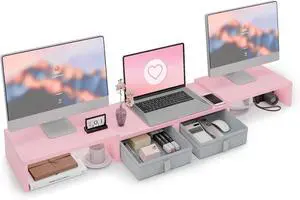 Dual Monitor Stand Riser - Length and Angle Adjustable Monitor Stand with 2 Drawers to Storage Large Computer Riser for 2 Monitors/Laptop/PC (Pink)