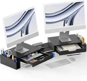 Desk Dual Monitor Stand Riser with Pull-Out Drawers, Black