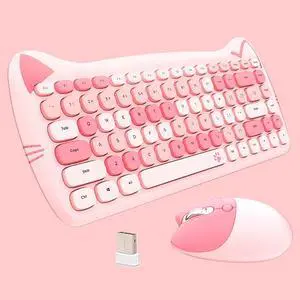 Cute Cat 2.4G USB Wireless Keyboard and Mouse Combo, Silent Keys, Candy Colors, Compatible with Notebook, PC (Pink-84Keys)