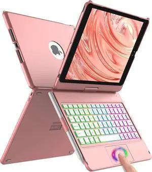 Colorful Backlight,360° Slim Cover, Keyboard Case with Bluetooth Keyboard&Pencil Holder,for iPad 8th Gen 2020,7th Gen 2019,Rose Gold