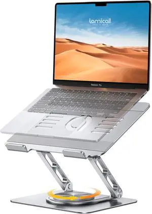 Adjustable Laptop Stand for Desk - 360 Rotating Base Ergonomic Computer Stand, Aluminum Laptop Riser Foldable Protable -Sliver