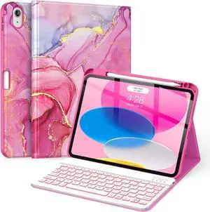 7 Color Backlight Wireless Detachable Folio Keyboard Cover with Built-in Pencil Holder for iPad 11/10.9 inch, Hot Pink Marble