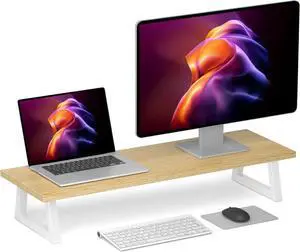 31.5 inch Dual Monitor Riser - Wide TV Stand for 2 Monitors - Wood & Steel Desktop Riser for Dual Screen Office Desk Organization