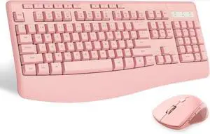 2.4GHz Full Sized Ergonomic Wireless Keyboard with Wrist Rest, 3 DPI Adjustable and 6 Buttons Cordless USB Mouse for Computer, Windows (Pink)
