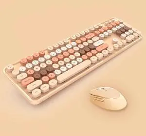 2.4G Full-Size Wireless Keyboard and Mouse Combo, Multi-Color Typewriter Style Round Keycap, Compatible with Notebook, PC (Milk Tea)