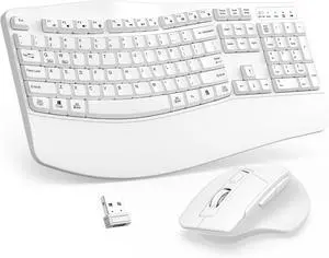 2.4G Full Size Wave Keys Ergonomic Keyboard with Wrist Rest and 3-Level DPI Adjustable Wireless Ergonomic Mouse for Windows, Mac OS Desktop/Laptop/PC(White)