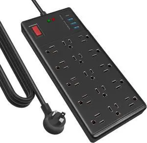 15 Widely Spaced Outlets and 4 USB Ports(1 USB C Port),14 AWG Extension Cord,1875W/15A Heavy Duty Power Strip Surge Protector 10 ft Cord,Black