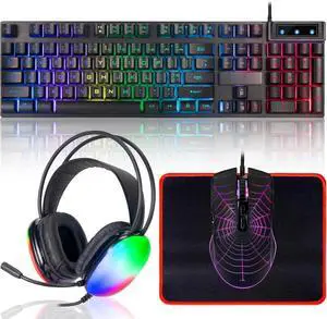Gaming Keyboard Mouse Mousepad and Headset with mic Combo All in One USB Wired RGB Backlit Rainbow Side Button (Black)