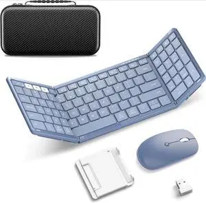 FOR-Foldable Keyboard and Mouse Combo, 2.4G + BT5.0 x 2, Full-Size Portable Travel  & Rechargeable Wireless Mouse for Windows Android iOS Mac OS, Blue