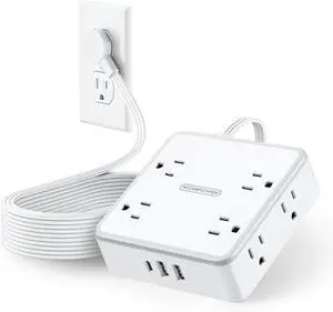 Extension Cord 25 FT, Flat Plug with 8 Widely Outlets 3 USB Ports (1 USB C), Wall Mountable 1080J Long Surge Protector Power Strip