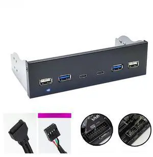 FOR USB 3.0 Front Panel for Desktop 5.25" CD-ROM Drive Bay USB3.0/3.2 19Pin USB2.0 9Pin to 2x USB Type C + 2x USB3.0 + 2x USB2.0 HUB