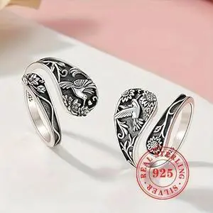 S925 Sterling Silver Vintage Floral and Bird Pattern Ring - Adjustable Bohemian Style Open Band for Women & Men, Fashionable Jewelry for Party, Vacation, and Daily Casual Wear, 3g