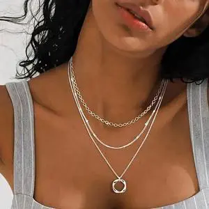 Sterling Silver Multi-Layer Necklace with Stylish Round Pendant - Trendy Layered Design, 925 Pure Silver, Perfect Jewelry Gift for Women and Girls for Parties and Vacations